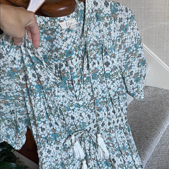 Elan Teal and White Floral Bohemian Cottagecore Midi Dress - Picture 3 of 13